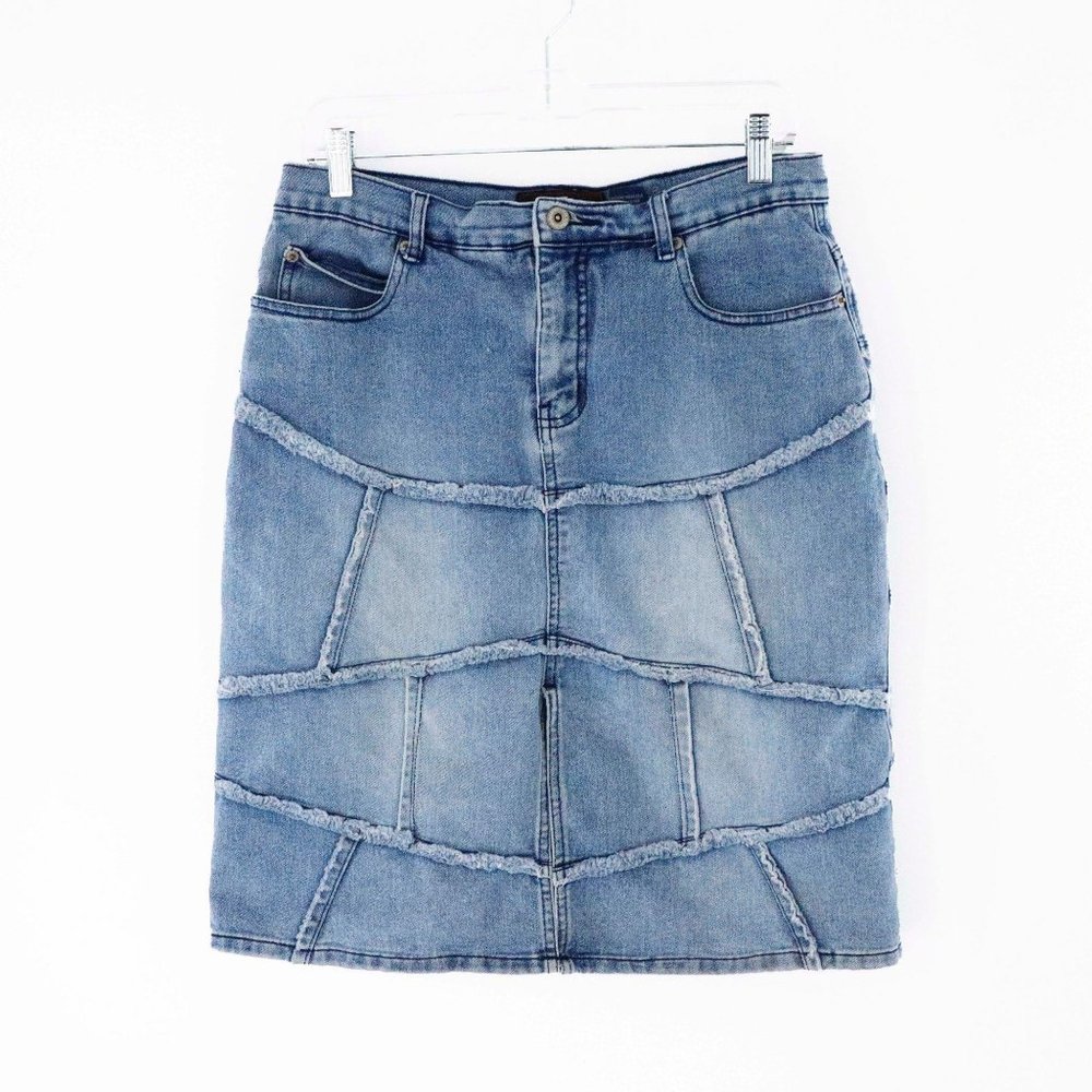 Patchwork Stretch Denim Front Slit Skirt